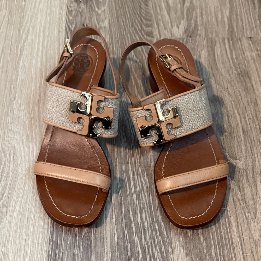 Tory Burch Lowell Cream Leather & Beige Canvas Sandals